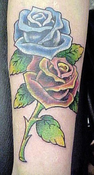 Tatuaje de dos rosas con tallo en el antebrazo