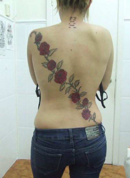 Tatuaje de una rama con rosas cruzando la espalda
