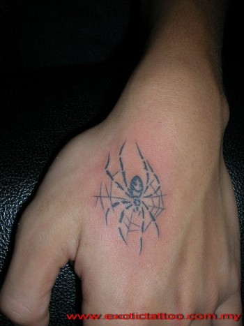Tatuaje de una telaraña con araña en la mano
