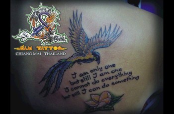 Tatuaje de un ave tropical volando encima una frase