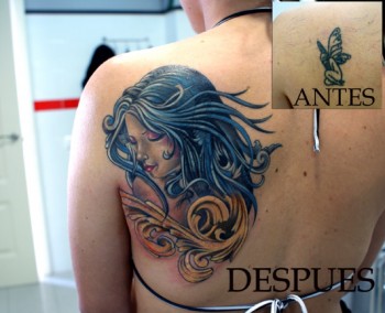 Tatuaje de una chica a color en la espalda