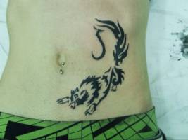 Tatuaje de un lobo hecho por tribales en la barriga 
