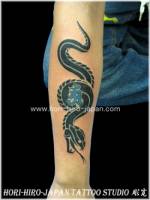 Tatuaje de serpiente tribal en el brazo con letra en sánscrito