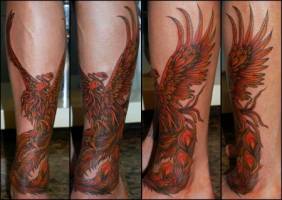 Tatuaje de un ave fénix en la tibia