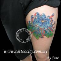 Tatuaje de una flor de loto en el muslo
