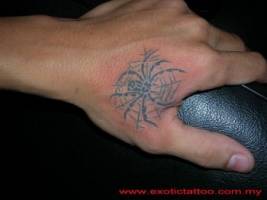 Tatuaje de una araña y su tela en la mano