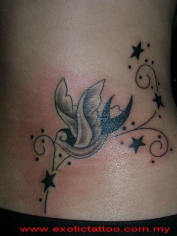 Tatuaje de una golondrina con estrellas y lineas finas