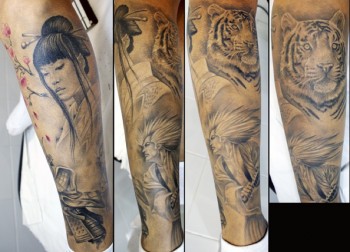 Tatuaje de una geisha con un tigre y un samurai en blanco y negro