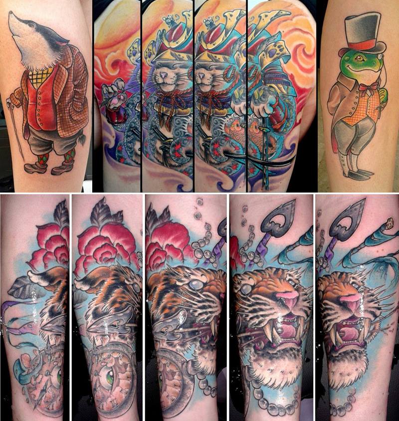 Tatuaje de animales vestidos de hombre y una cabeza de tigre