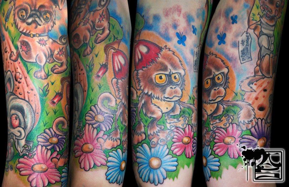 Tatuaje new school de un mono y un perro