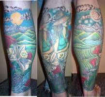Tatuaje de un paisaje con una chica para la pierna