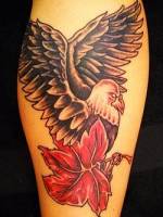 Tatuaje de águila posándose en una rama con hoja