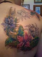 Tatuajes de tarantulas y flores en la espalda