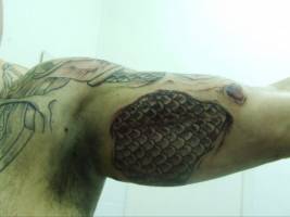 Tatuaje del interior del brazo formado por escamas metálicas