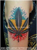 Tatuaje de una hoja de maria con los colores de una bandera en el fondo