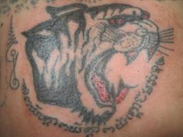 Tatuaje de un tigre rugiendo con algunos mantras