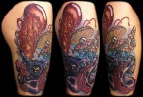 Tatuaje de un pulpo con una medusa y una ostra