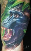 Tatuaje de un mono con colmillos