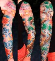 Tatuaje de un bonito paisaje marino con un arbol