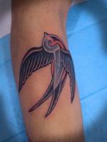 Tatuaje de una golondrina volando en el antebrazo