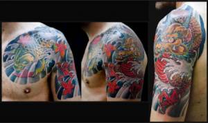 Tatuaje de un dragón y una carpa de estilo japonés