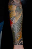 Tatuaje de una carpa japonesa en el antebrazo