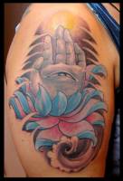 Tattoo de una mano con un ojo saliendo de un loto