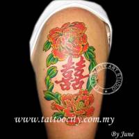Tatuaje de un nombre en chino rodeado de dos lotos