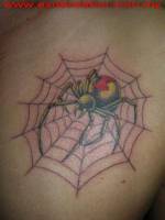 Tatuaje de una araña viuda negra en su telaraña