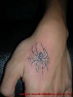 Tatuaje de una telaraña con araña en la mano