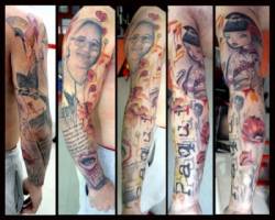 Tatuaje de manga larga en el brazo con retratos letras, frases y chicas