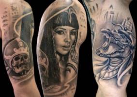 Tatuaje egipcio de Cleopatra, un esqueleto y el dios cocodrilo