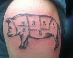 Tatuaje de un cerdo marcado con las diferentes partes que se comen.