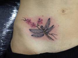 Tatuaje de una libelula en la barriga