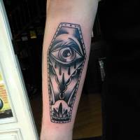 Tatuaje de un ojo llorando dentro de un ataud