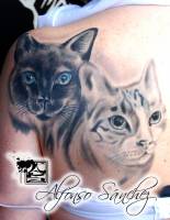Tatuaje de un par de gatos en la espalda
