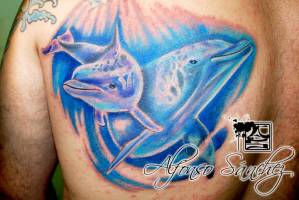 Tatuaje a color de dos delfines en la espalda