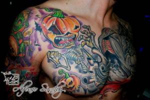 Tattoo new school de un esqueleto calabaza
