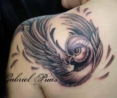 Tattoo de un pájaro soltando plumas en la espalda de una chica