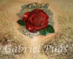 Tattoo de una rosa en el pecho, con el nombre Renata