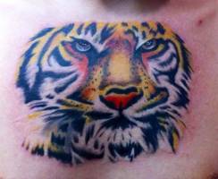 Tattoo de una cara de tigre en el pecho de un hombre